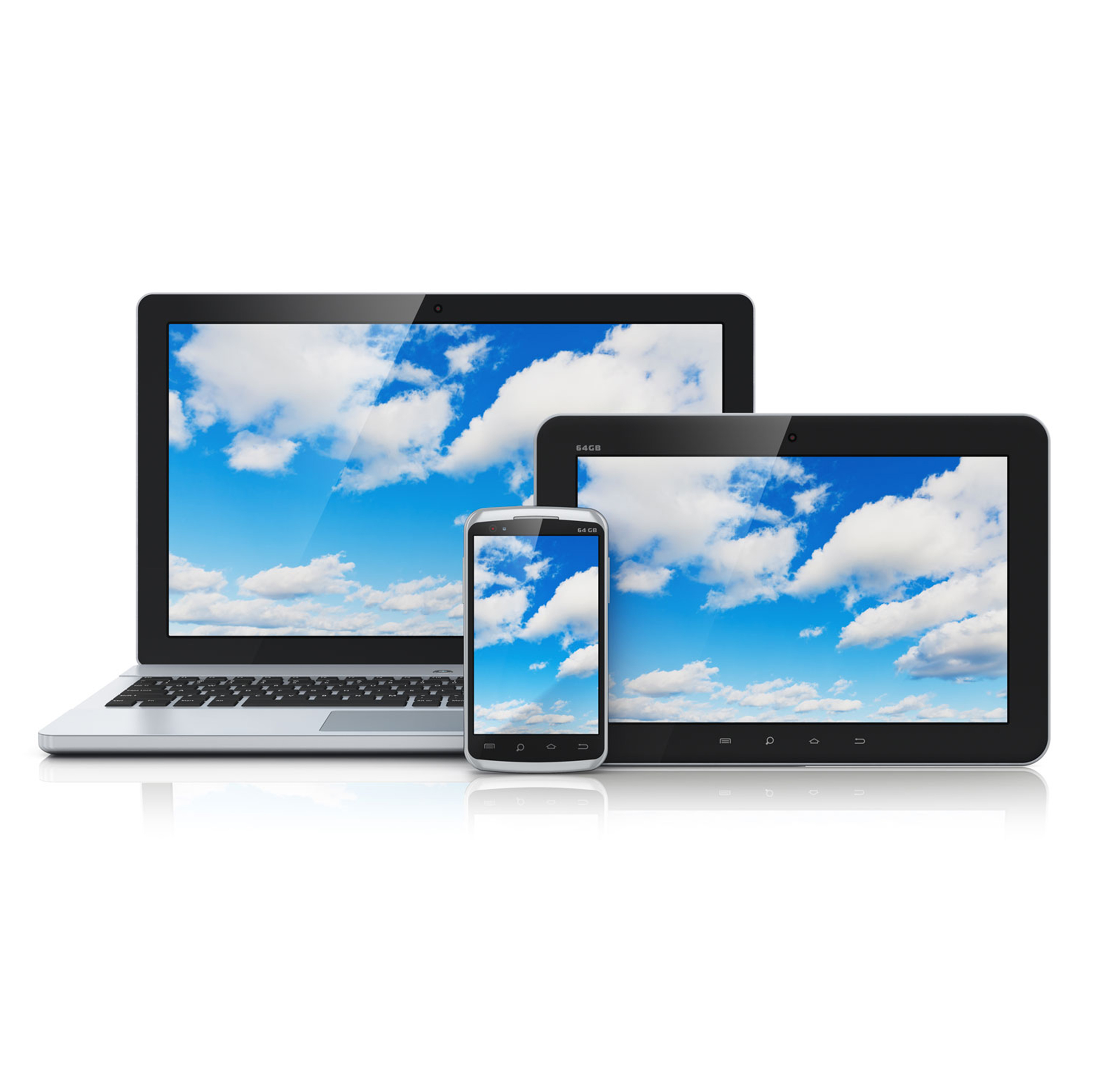 Laptop, tablet, and cell phone with cloud images